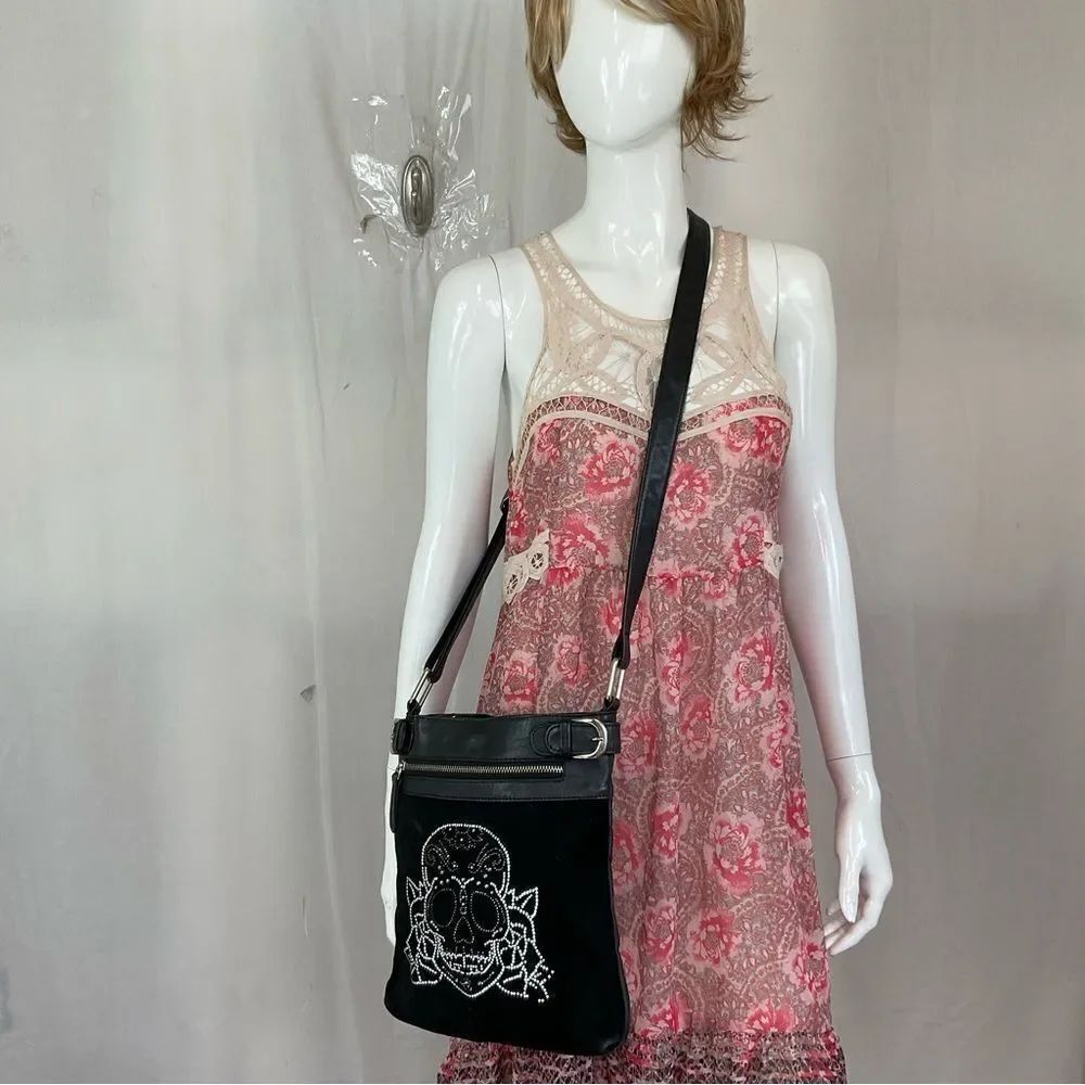 Monica Chamaβs Handcrafted Skull Rhinestone Leather SuedeβCrossbody Bag Black